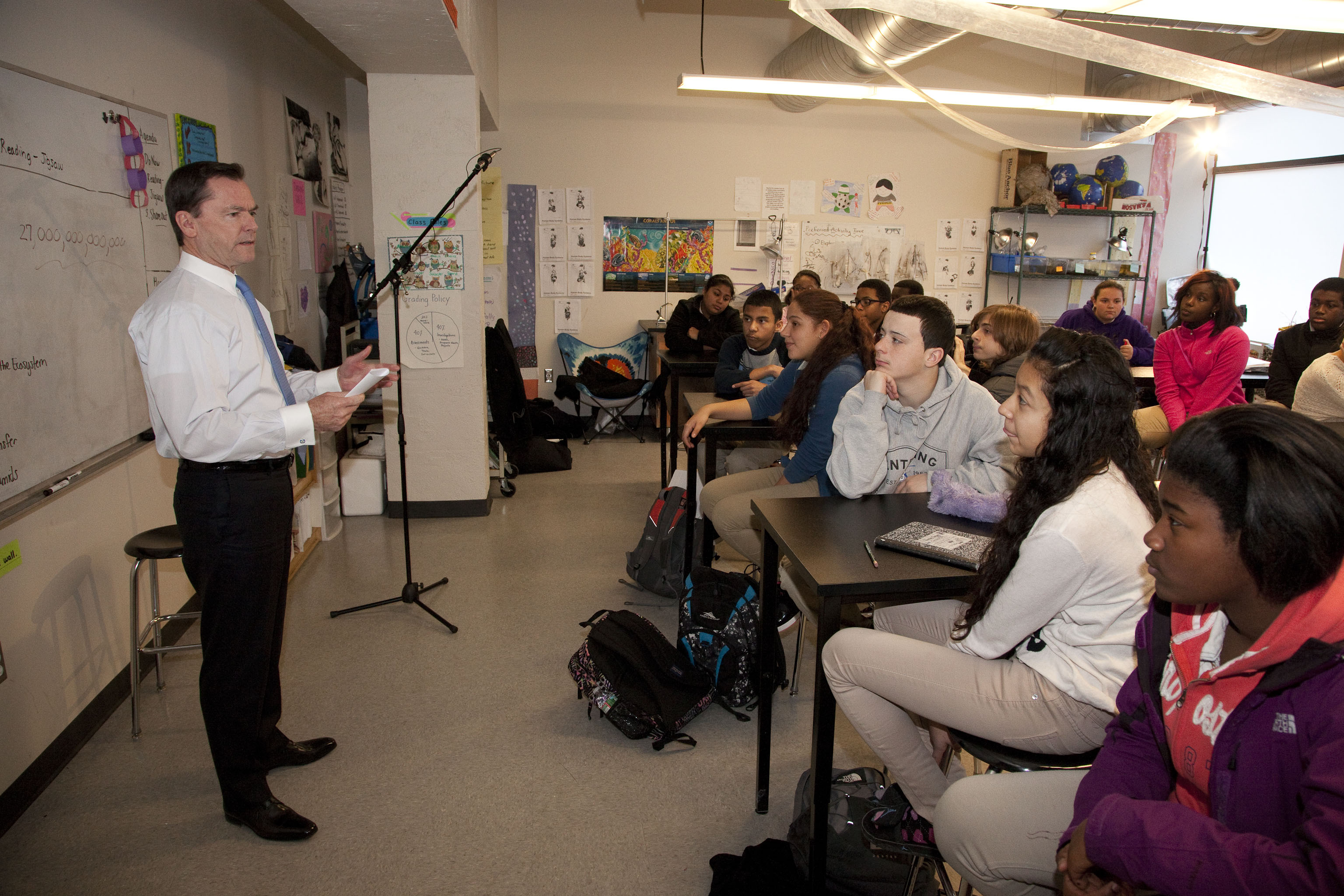 Joseph (Jay) Hooley, Chairman, President & CEO of State Street Corporation spoke to an 8th grade class at the Eliot K-8 School in the North End