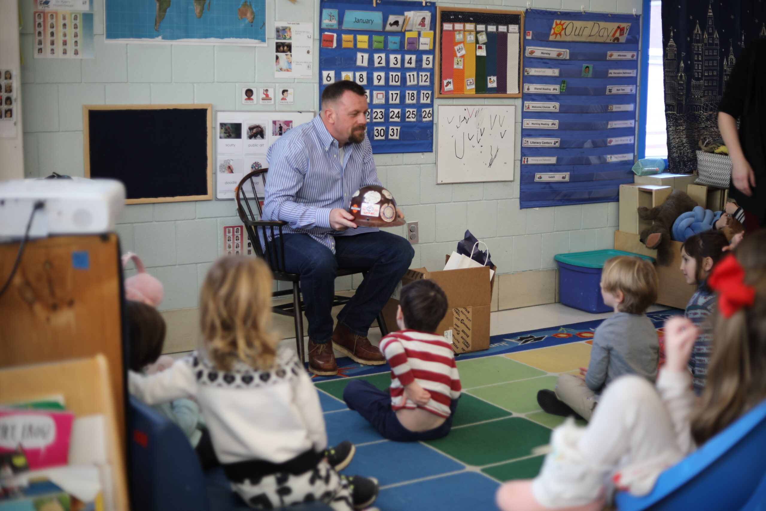 A picture of Tom McEvoy, curriculum Director and Co-Safety officer of the Training Center for Operating Engineers Local 4 in a classroom at Josiah Quincy Elementary school for Pathfinders